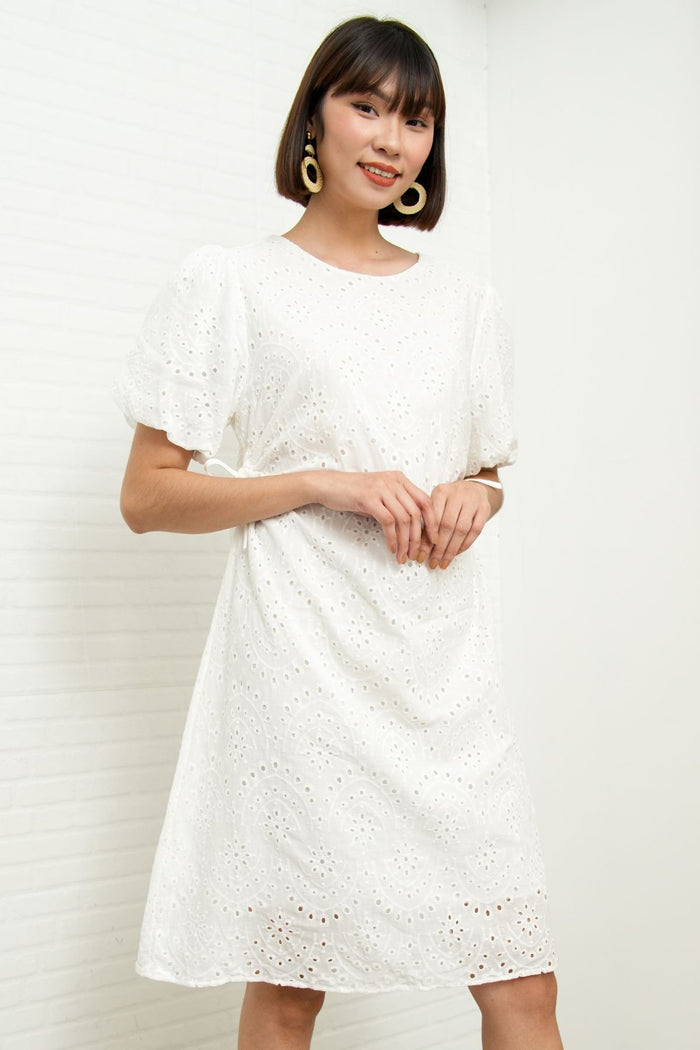 EMMELINE Puff-Sleeve Cut-out Broderie Midi Dress (White)