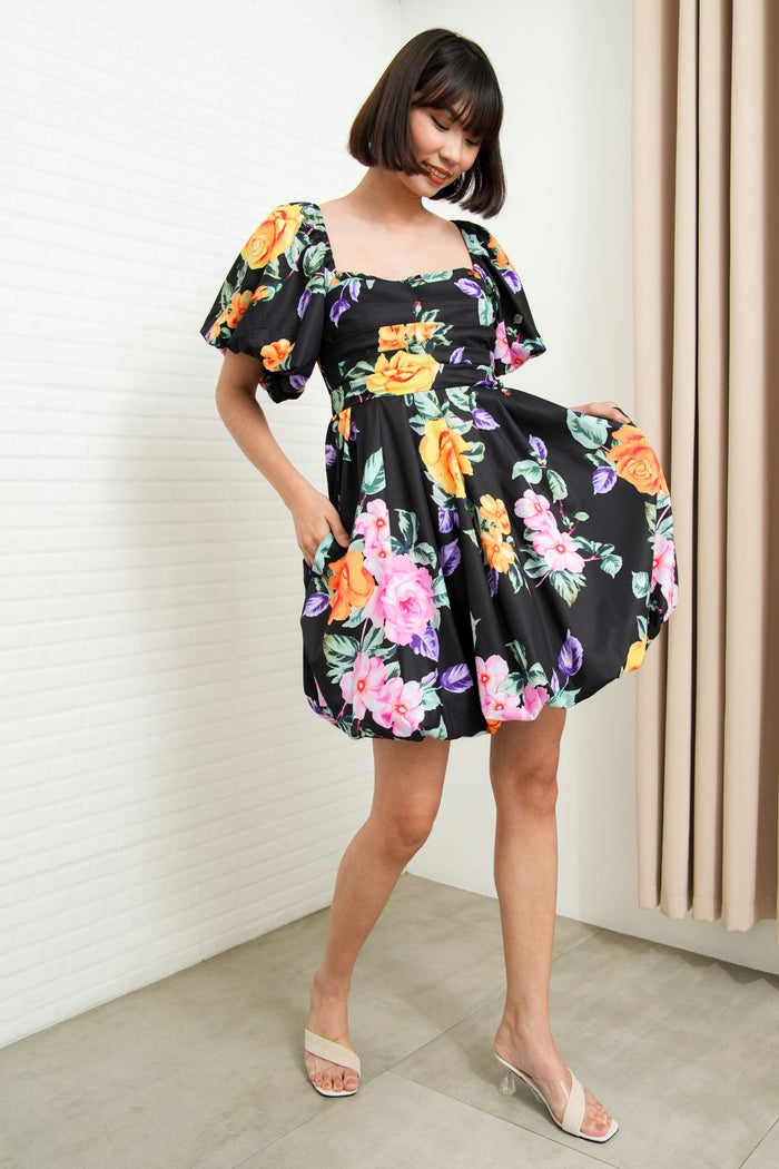 ANYA Pleated Puff-Sleeve Floral Dress (Black)