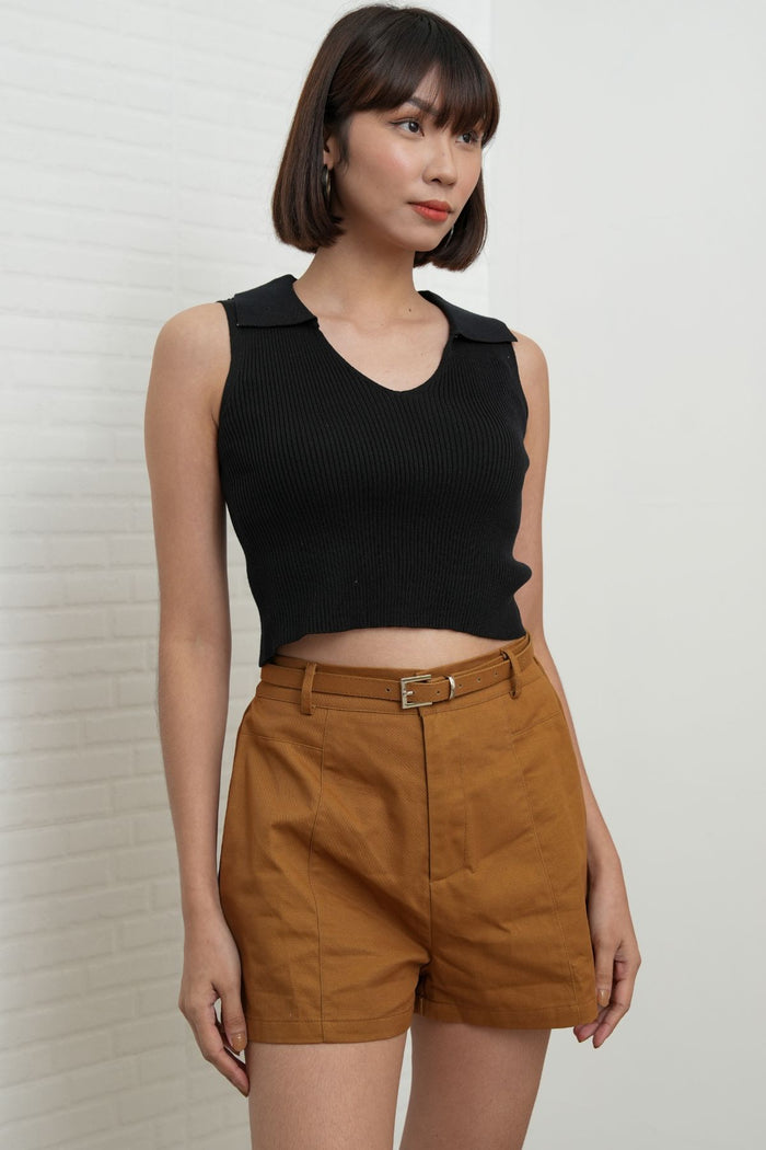 DARCY Tailored High Waist Belted Shorts (Tawny Brown)