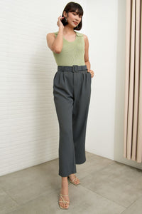 SASKIA Belted High-Waist Tailored Trousers (Steel Gray)