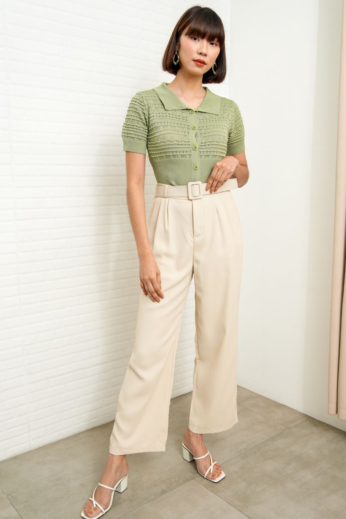 MARYAM Textured Knit Crop Shirt (Sage Green)