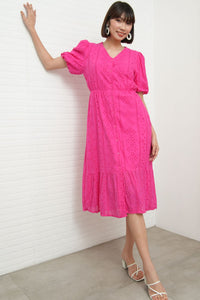 JURIA Puff-Sleeve Button-Down Broderie Dress (Magenta Pink)