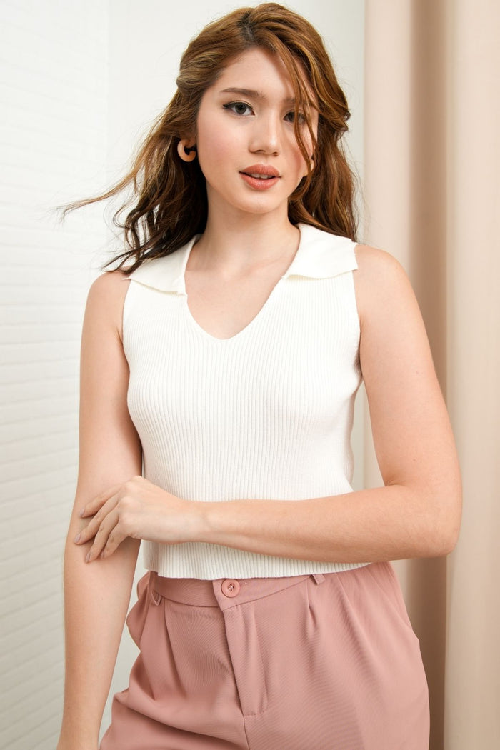GIGI Sleeveless Collared Rib-Knit Top (White)