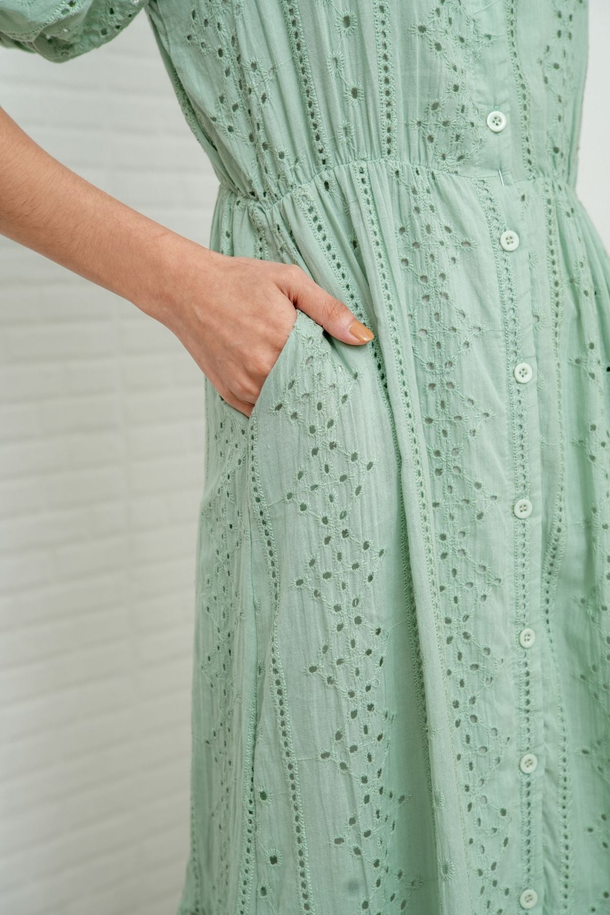 JURIA Puff-Sleeve Button-Down Broderie Dress (Sage Green)