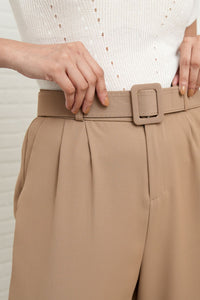SASKIA Belted High-Waist Tailored Trousers (Latte Brown)