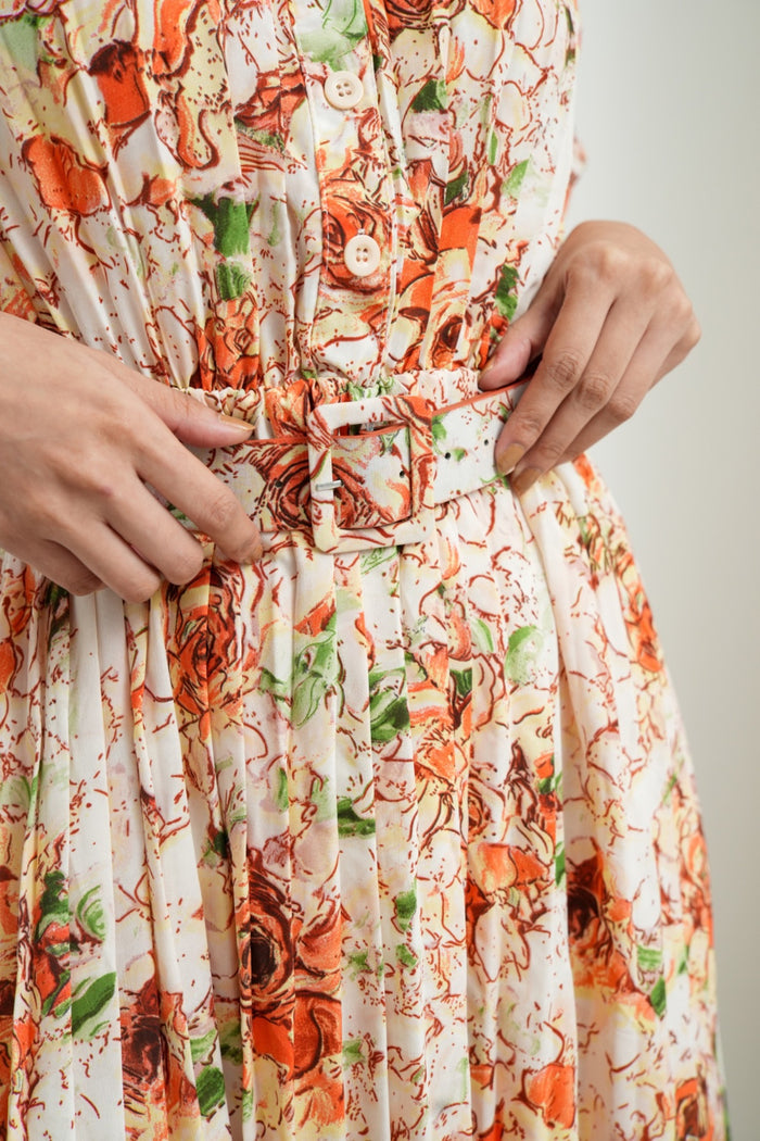 AGNES Belted Pleated Floral Dress