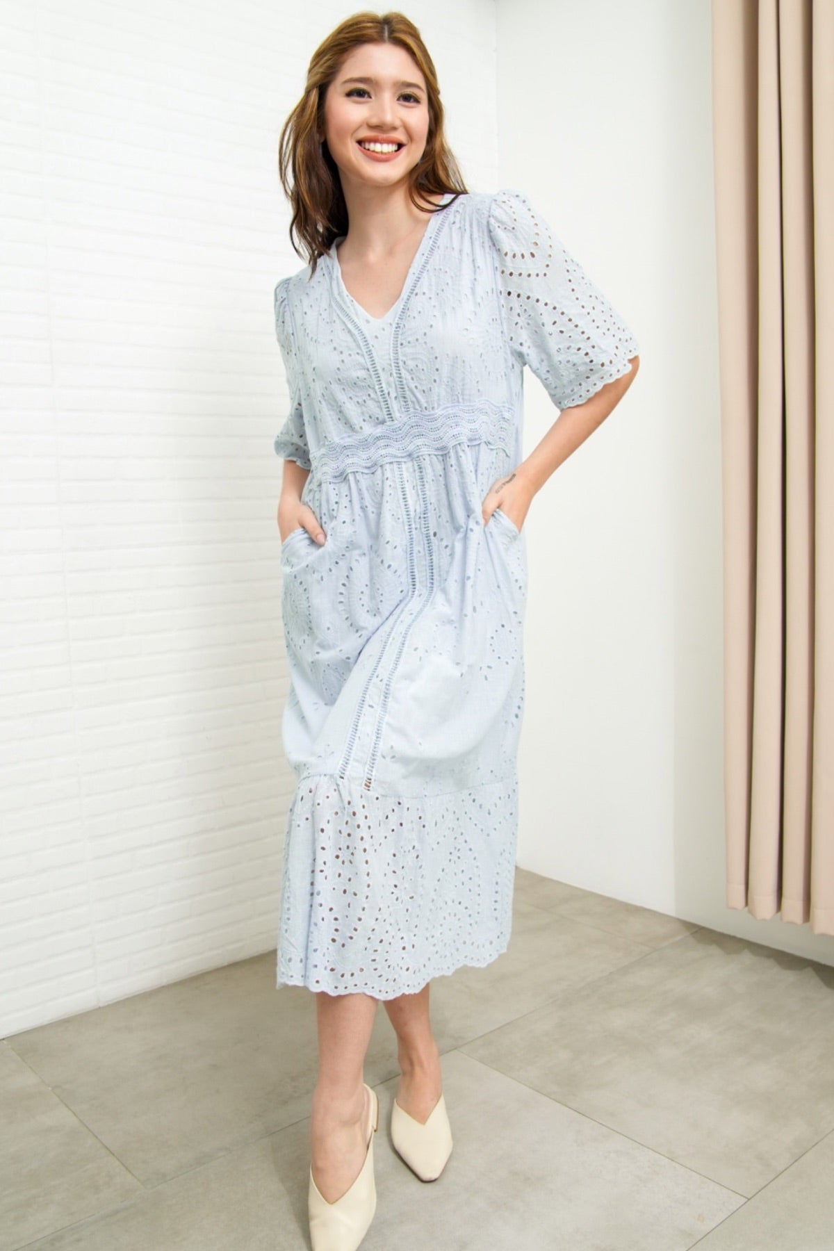 CERYS V-Neck Flutter-Sleeve Eyelet Dress (Powder Blue)