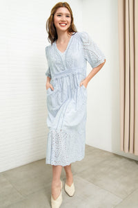 CERYS V-Neck Flutter-Sleeve Eyelet Dress (Powder Blue)
