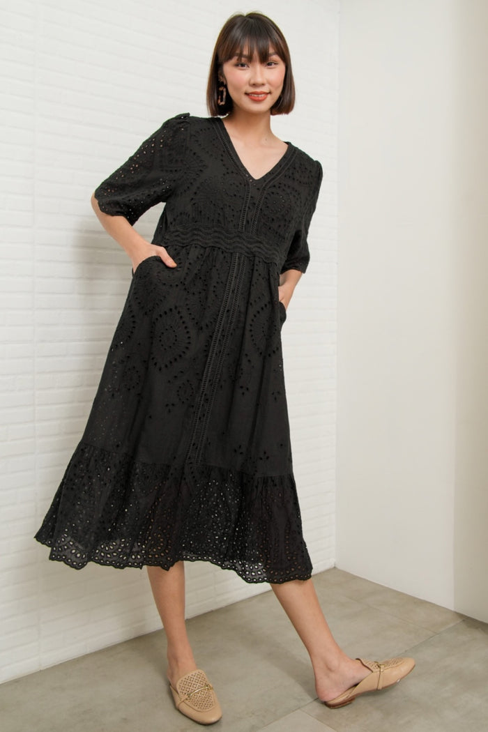CERYS V-Neck Flutter-Sleeve Eyelet Dress (Black)