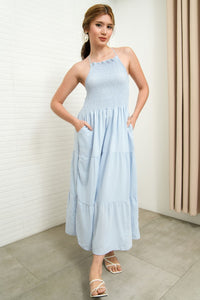 RAMONA Smocked Halter Criss-cross Back Dress (Powder Blue)