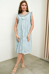MAREN Tiered Broderie Midi Dress (Powder Blue)