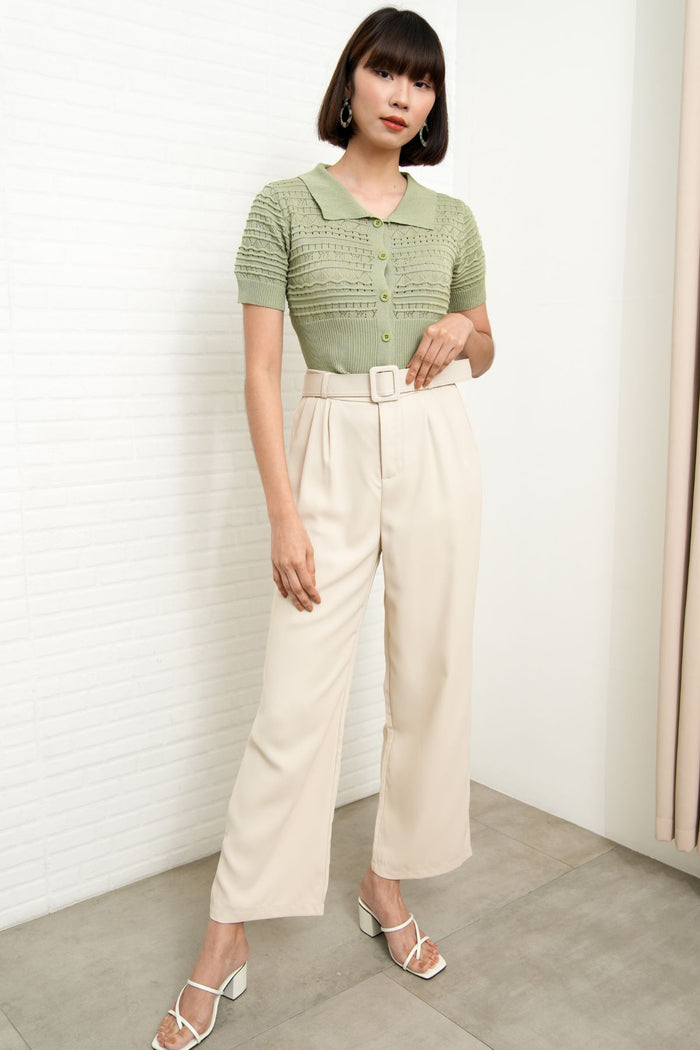 SASKIA Belted High-Waist Tailored Trousers (Bone White)