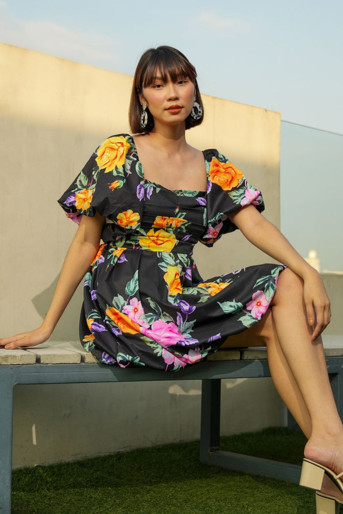 ANYA Pleated Puff-Sleeve Floral Dress (Black)