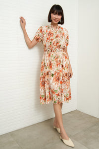AGNES Belted Pleated Floral Dress