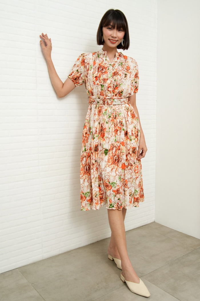 AGNES Belted Pleated Floral Dress