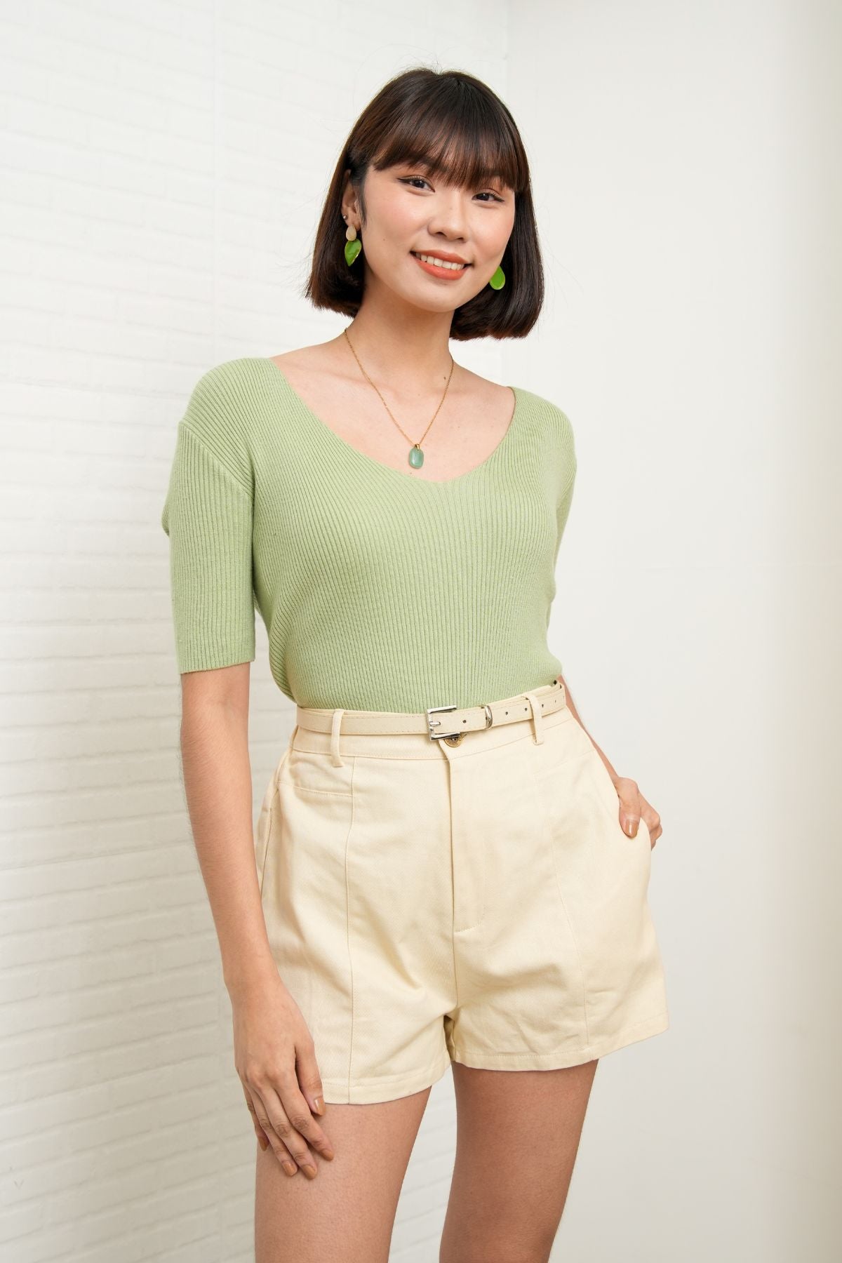 VEDA V-Neck Rib-Knit Top (Pistachio Green)