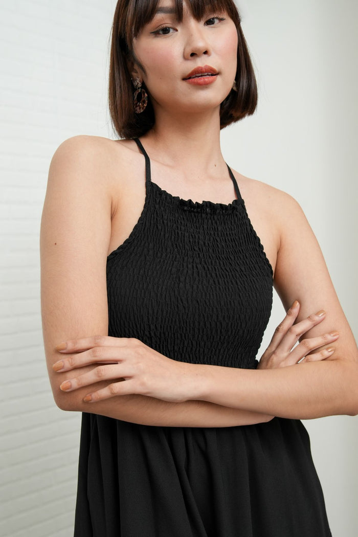 RAMONA Smocked Halter Criss-cross Back Dress (Black)