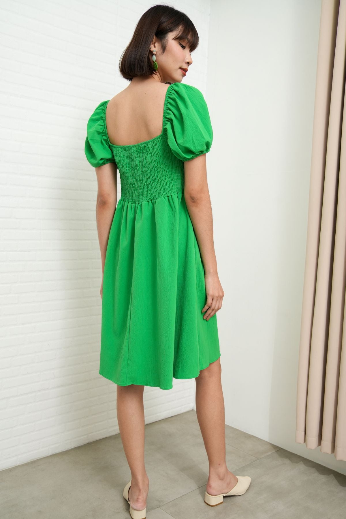ODESSA Puff-Sleeve Padded Dress (Green)