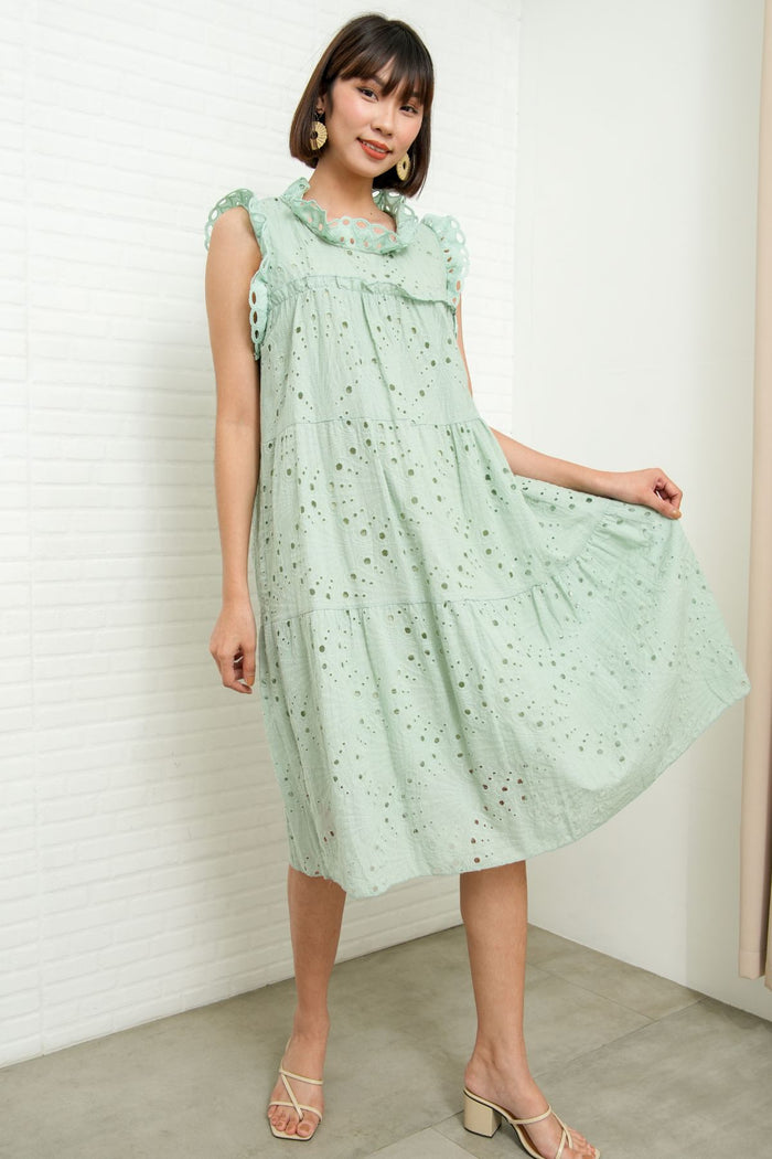 MAREN Tiered Broderie Midi Dress (Sage Green)