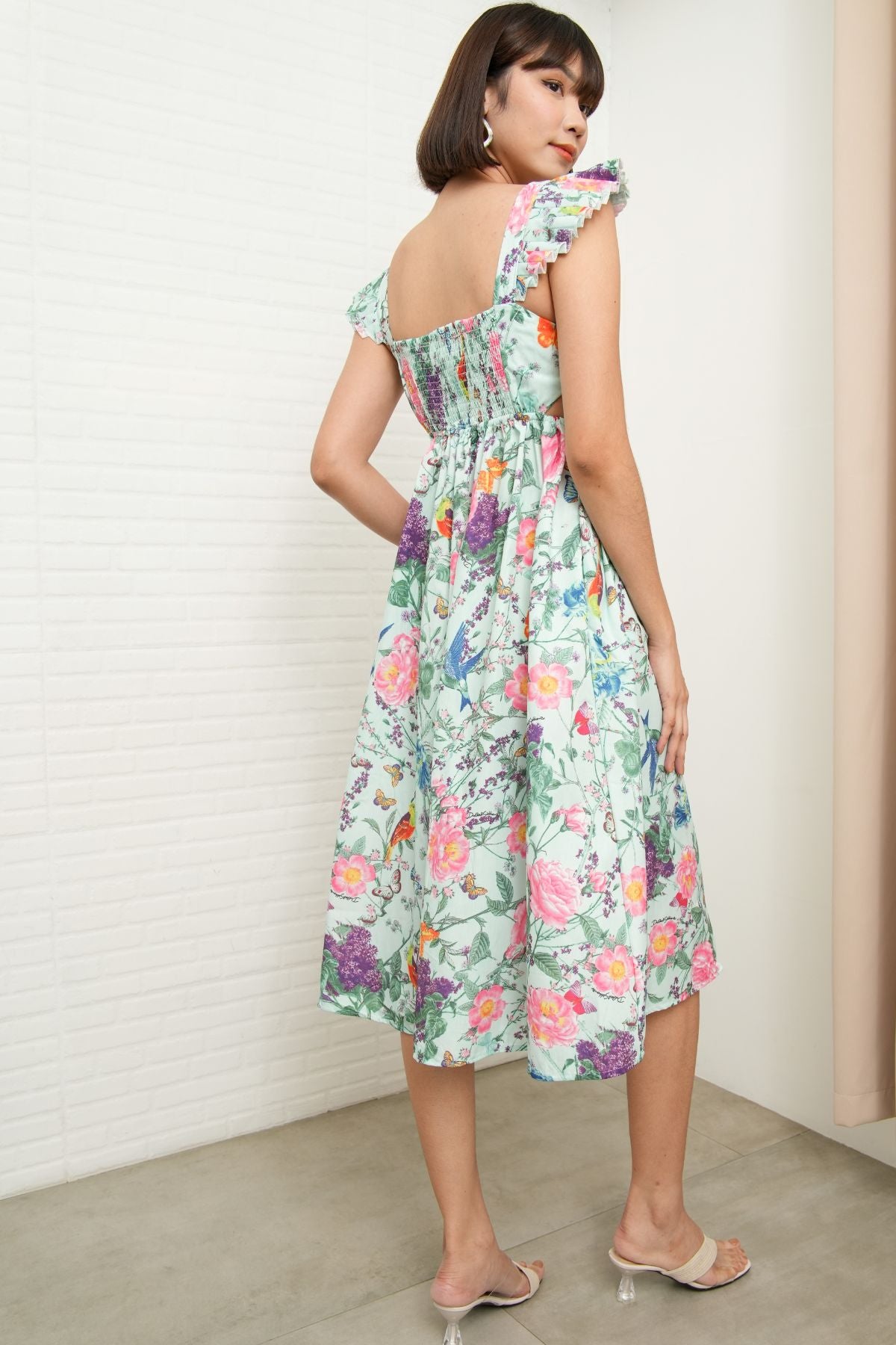 BEATRICE Flutter-Sleeve Midi Dress (Garden)