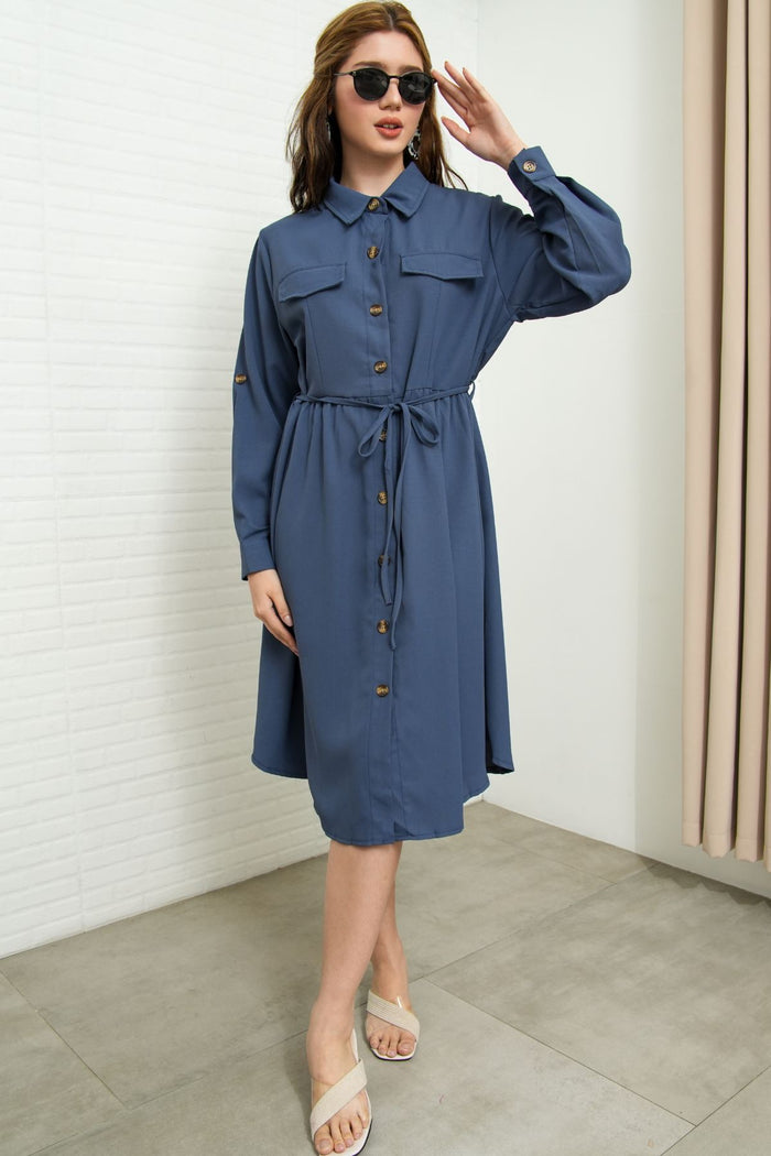 ZOYA Long-Sleeve Buttondown Shirt Dress (Midnight Blue)