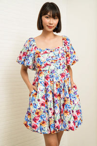 ANYA Pleated Puff-Sleeve Floral Dress (Blue Violet)