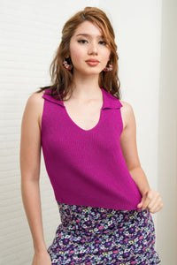GIGI Sleeveless Collared Rib-Knit Top (Purple Violet)