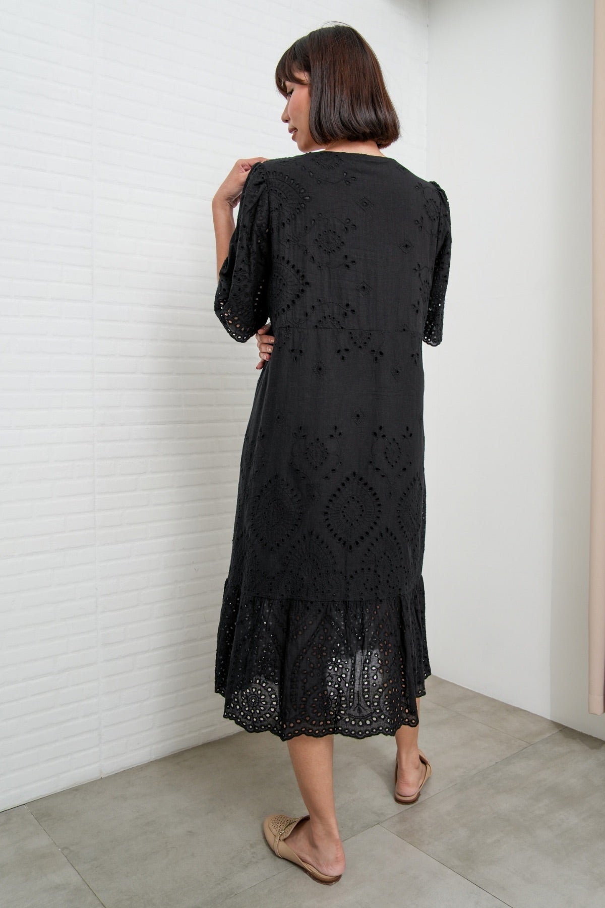 CERYS V-Neck Flutter-Sleeve Eyelet Dress (Black)