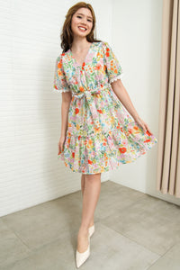 LENA Tie-Waist Tiered Broderie Floral Dress