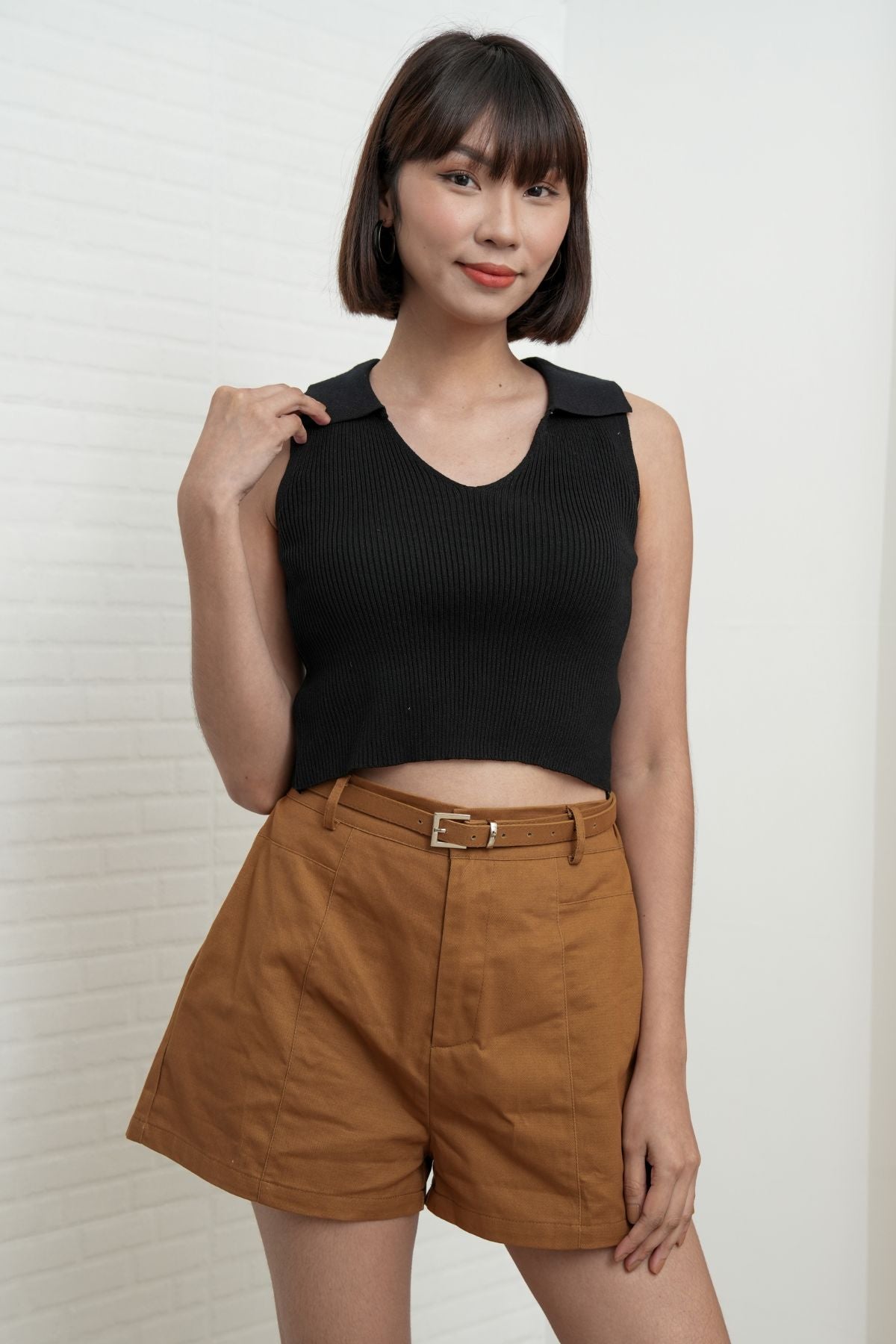 DARCY Tailored High Waist Belted Shorts (Tawny Brown)