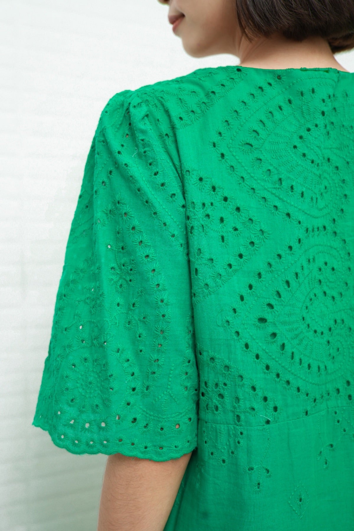 CERYS V-Neck Flutter-Sleeve Eyelet Dress (Jade Green)