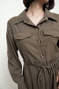 ZOYA Long-Sleeve Buttondown Shirt Dress (Olive Brown)