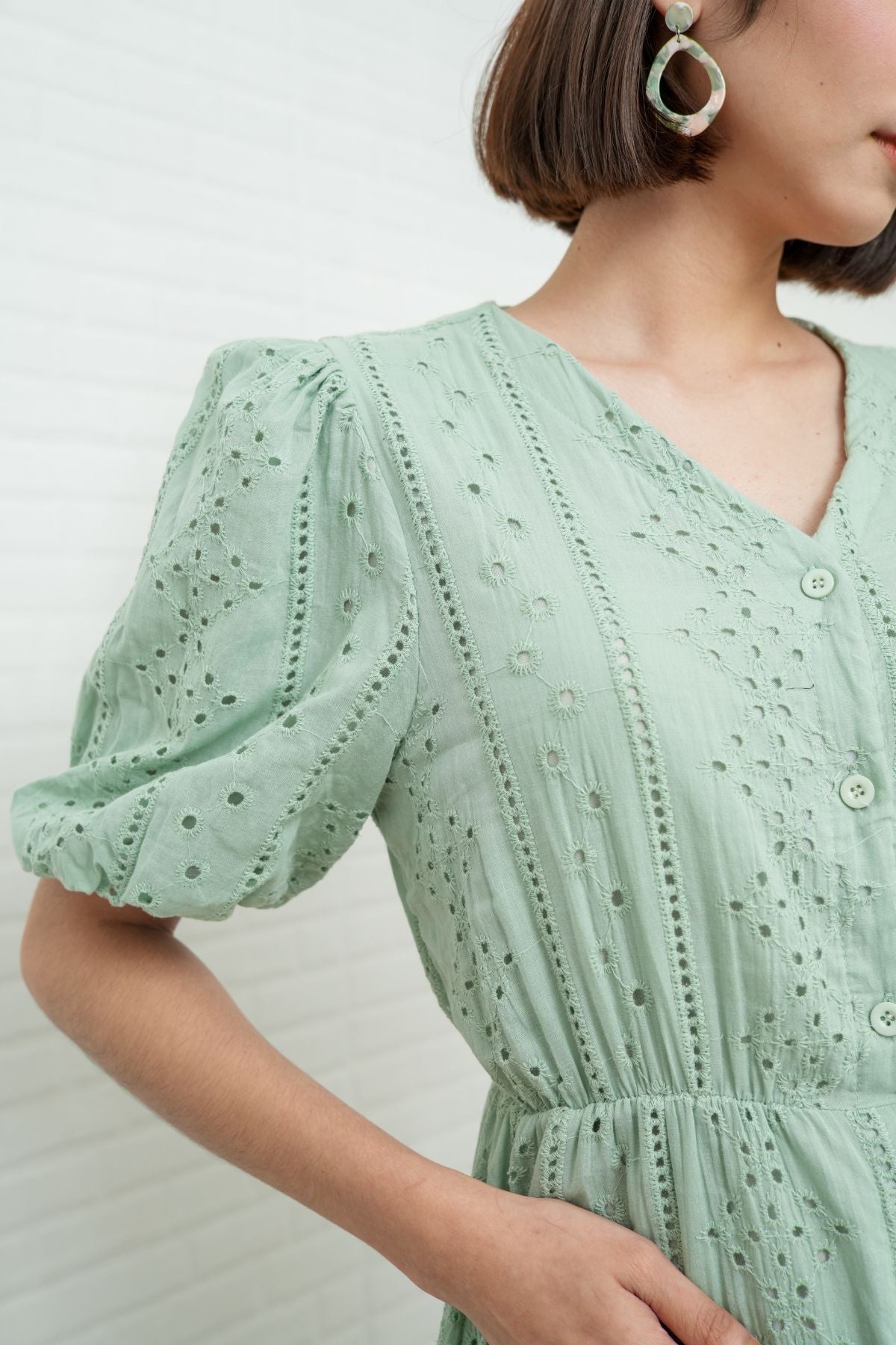 JURIA Puff-Sleeve Button-Down Broderie Dress (Sage Green)