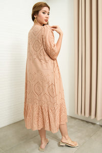 CERYS V-Neck Flutter-Sleeve Eyelet Dress (Nude Brown)