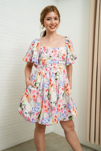 ANYA Pleated Puff-Sleeve Floral Dress (Garden)