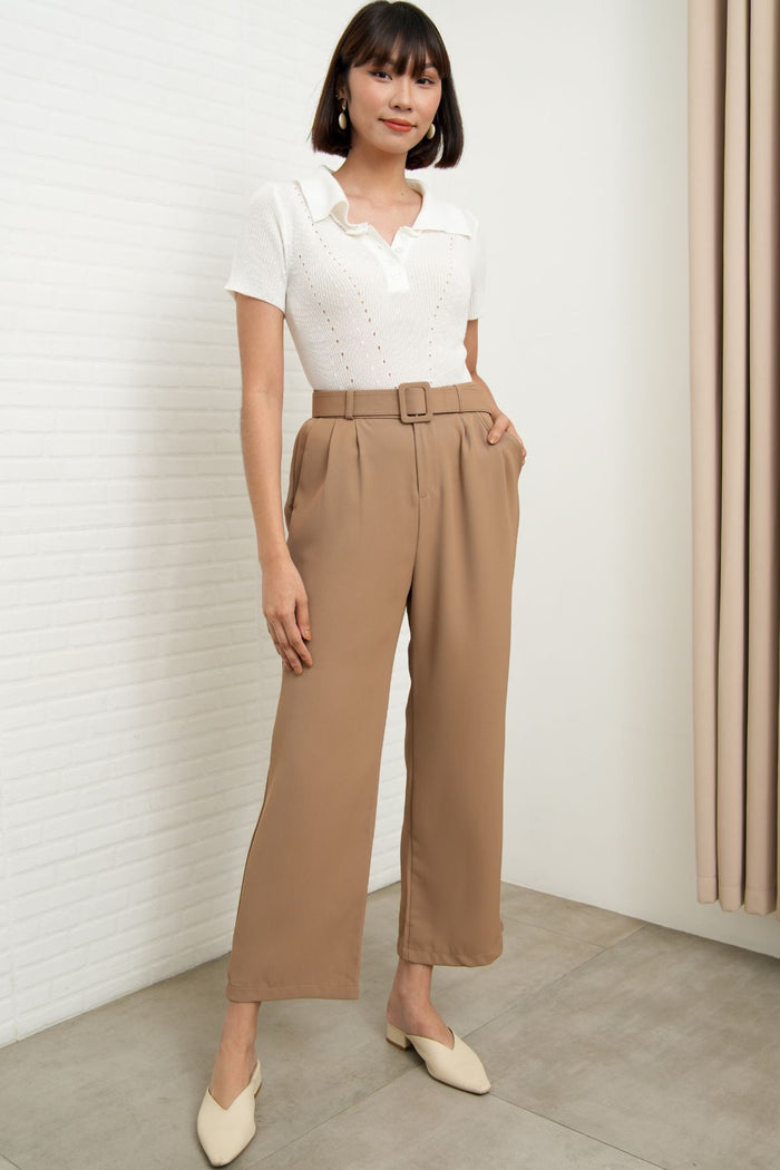 SASKIA Belted High-Waist Tailored Trousers (Latte Brown)