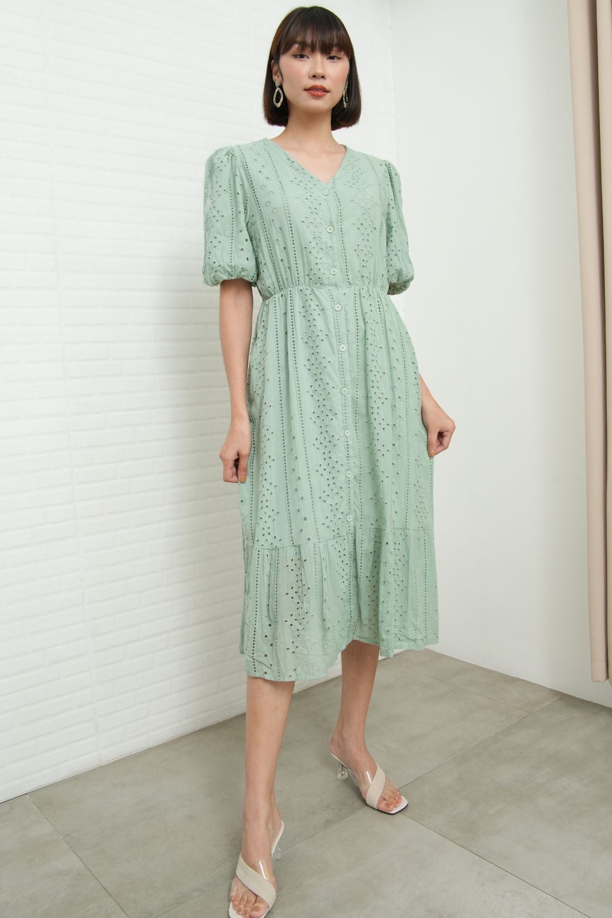 JURIA Puff-Sleeve Button-Down Broderie Dress (Sage Green)