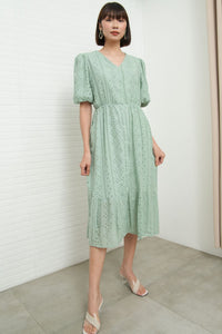JURIA Puff-Sleeve Button-Down Broderie Dress (Sage Green)