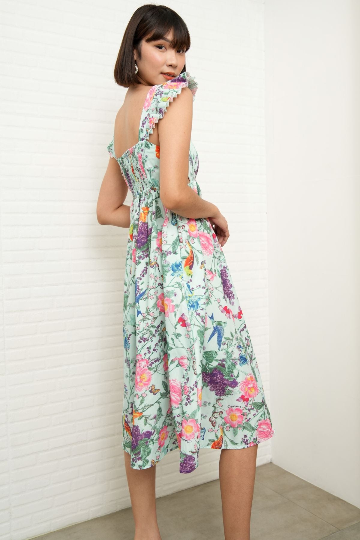 BEATRICE Flutter-Sleeve Midi Dress (Garden)