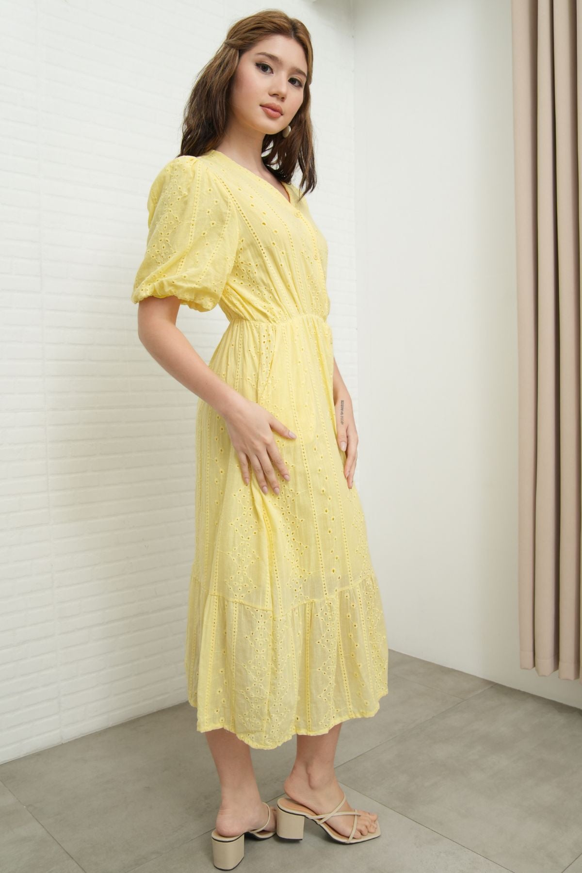 JURIA Puff-Sleeve Button-Down Broderie Dress (Pastel Yellow)