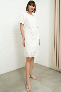 EMMELINE Puff-Sleeve Cut-out Broderie Midi Dress (White)