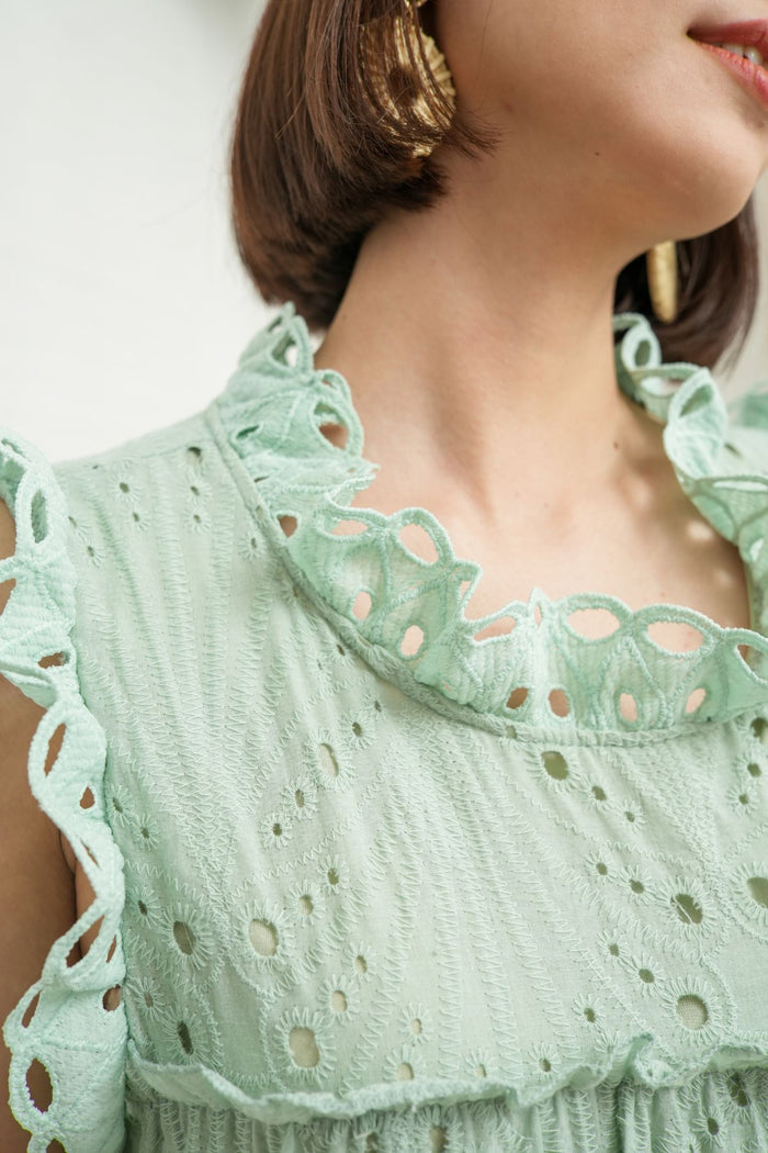 MAREN Tiered Broderie Midi Dress (Sage Green)