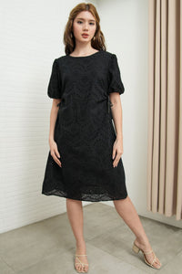 EMMELINE Puff-Sleeve Cut-out Broderie Midi Dress (Black)