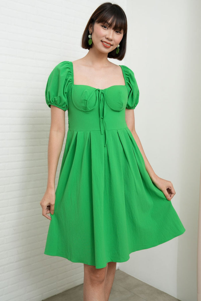 ODESSA Puff-Sleeve Padded Dress (Green)