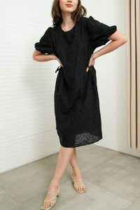 EMMELINE Puff-Sleeve Cut-out Broderie Midi Dress (Black)