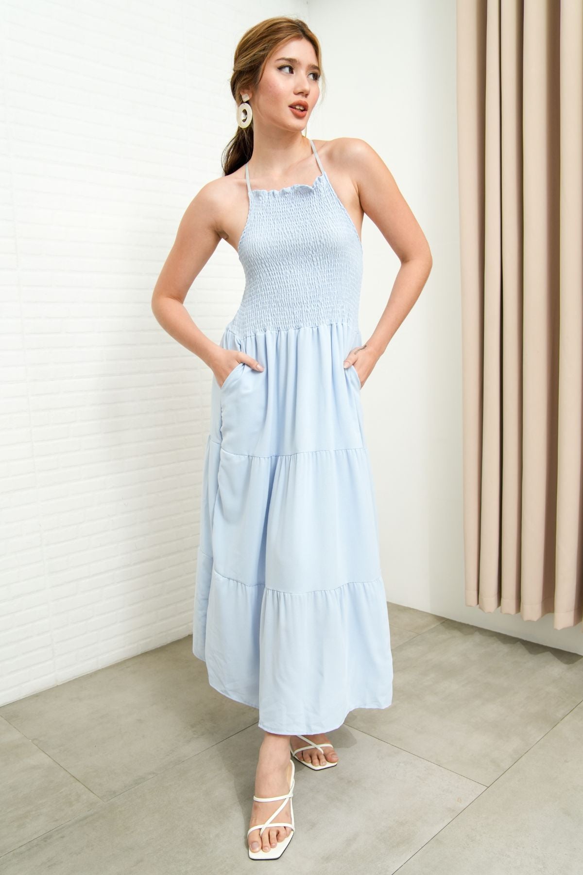 RAMONA Smocked Halter Criss-cross Back Dress (Powder Blue)