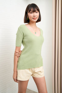 VEDA V-Neck Rib-Knit Top (Pistachio Green)