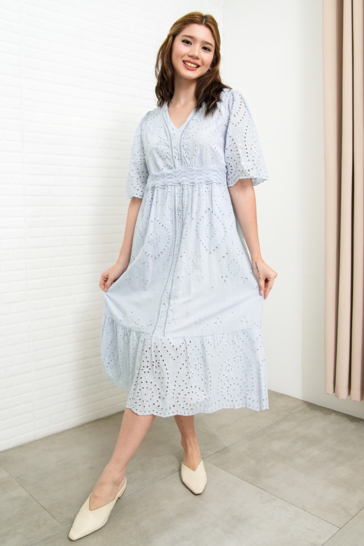 CERYS V-Neck Flutter-Sleeve Eyelet Dress (Powder Blue)