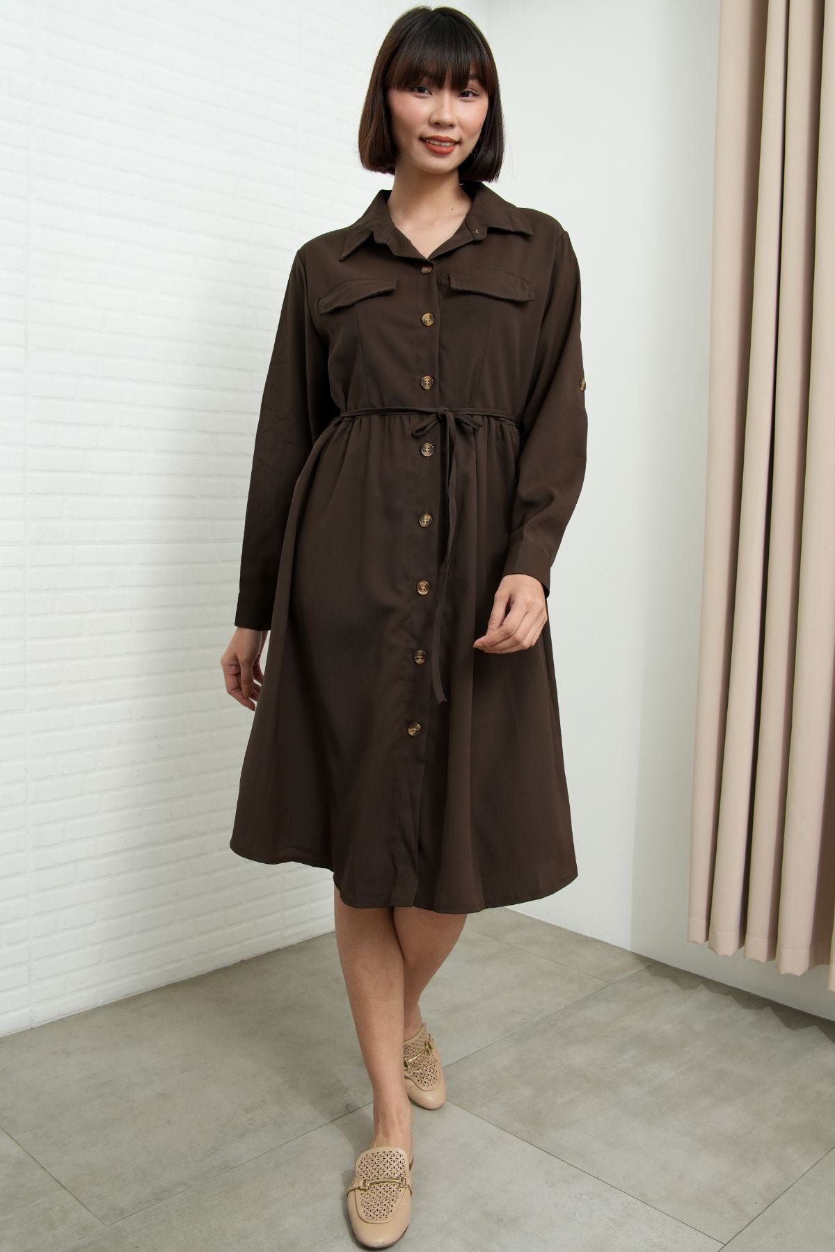 ZOYA Long-Sleeve Buttondown Shirt Dress (Chocolate Brown)