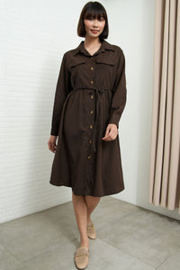 ZOYA Long-Sleeve Buttondown Shirt Dress (Chocolate Brown)